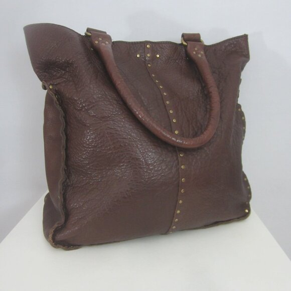 Linea Pelle Italian Brown Leather Hobo Tote Bag Shoulder Studded Large Italy - Picture 1 of 16